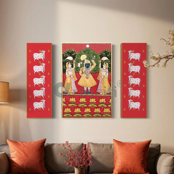 Set of 3 Shreenath Ji with Pichwai Cow in Red Canvas Giclee Prints Set of 3