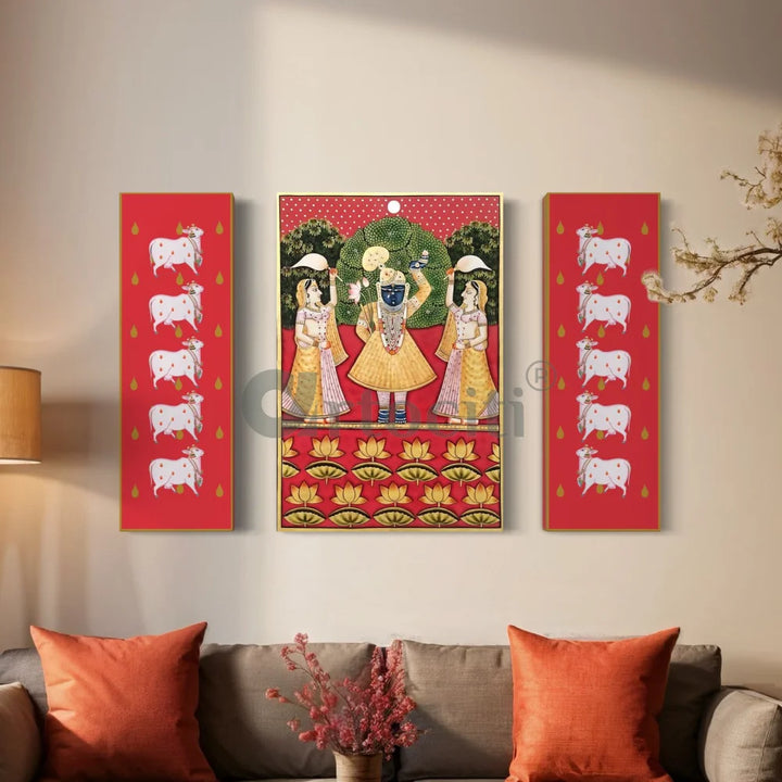 Set of 3 Shreenath Ji with Pichwai Cow in Red Canvas Giclee Prints Set of 3