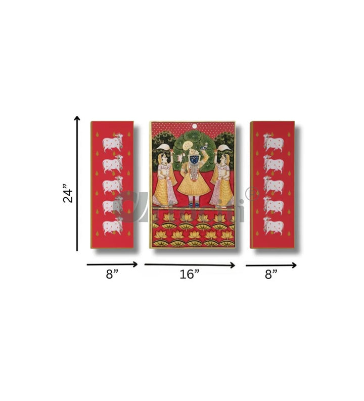 Set of 3 Shreenath Ji with Pichwai Cow in Red Canvas Giclee Prints Set of 3