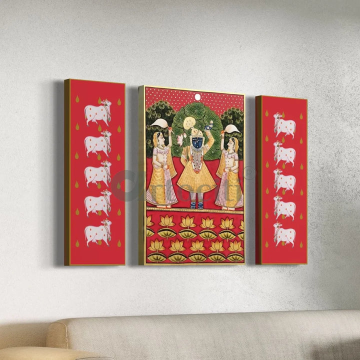 Set of 3 Shreenath Ji with Pichwai Cow in Red Canvas Giclee Prints Set of 3