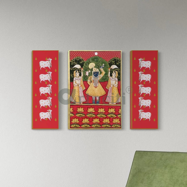 Set of 3 Shreenath Ji with Pichwai Cow in Red Canvas Giclee Prints Set of 3