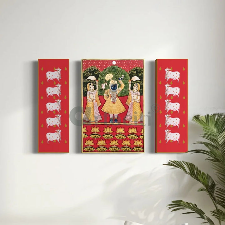 Set of 3 Shreenath Ji with Pichwai Cow in Red Canvas Giclee Prints Set of 3
