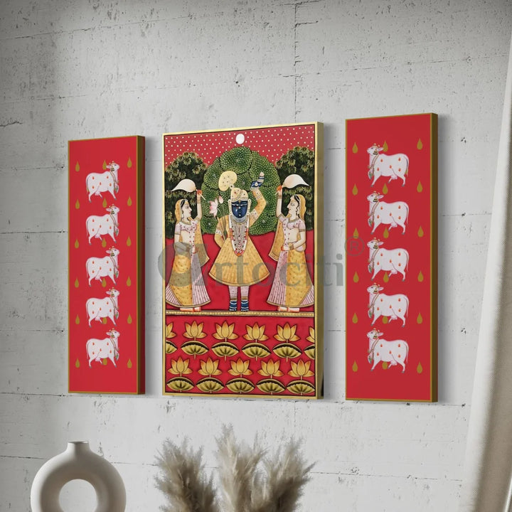 Set of 3 Shreenath Ji with Pichwai Cow in Red Canvas Giclee Prints Set of 3