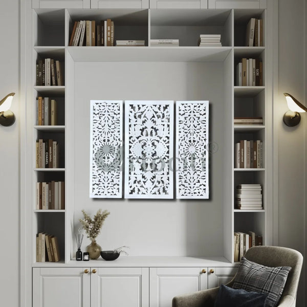 Set of 3 Wooden Jali Modern Hand Carved Mural Wall Art Wooden Wall art Set of 3 / White