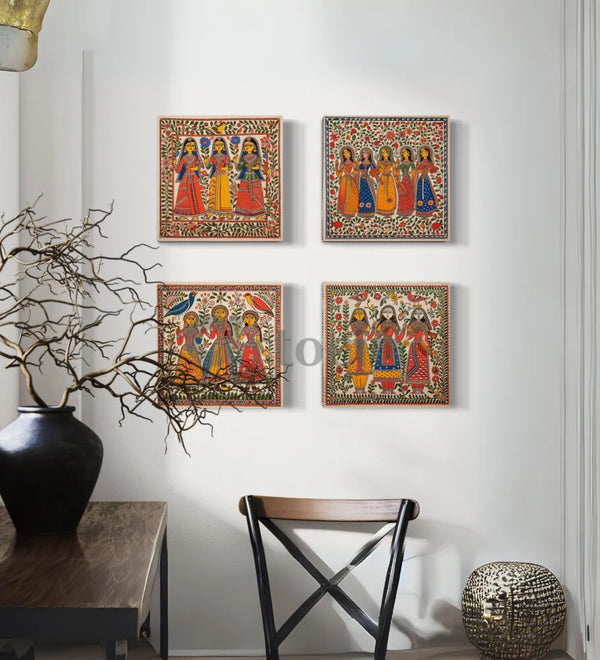 Set of 4 Madhubani Paintings Canvas Prints Set of 4 / 10X10 INCHES
