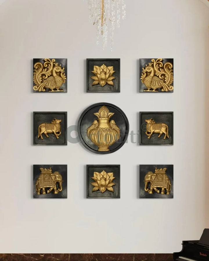 Set of 9 Decorative Wall Motifs Traditional Indian Art Decor Set Of 9 / Bronze