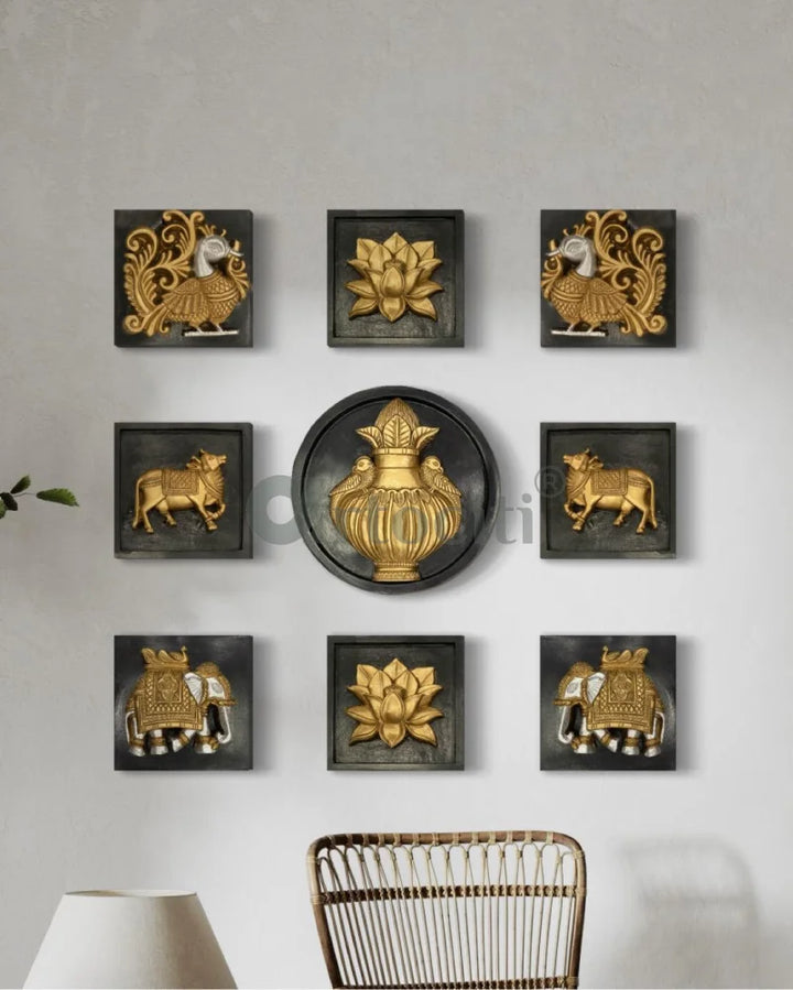Set of 9 Decorative Wall Motifs Traditional Indian Art Decor Set Of 9 / Bronze With Silver