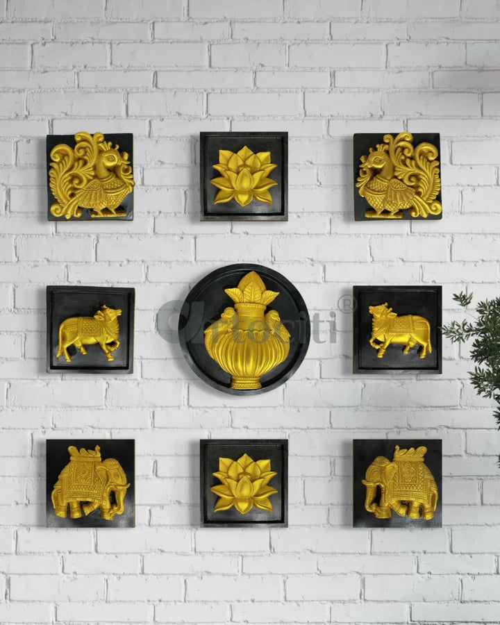 Set of 9 Decorative Wall Motifs Traditional Indian Art Decor Set Of 9 / Gold