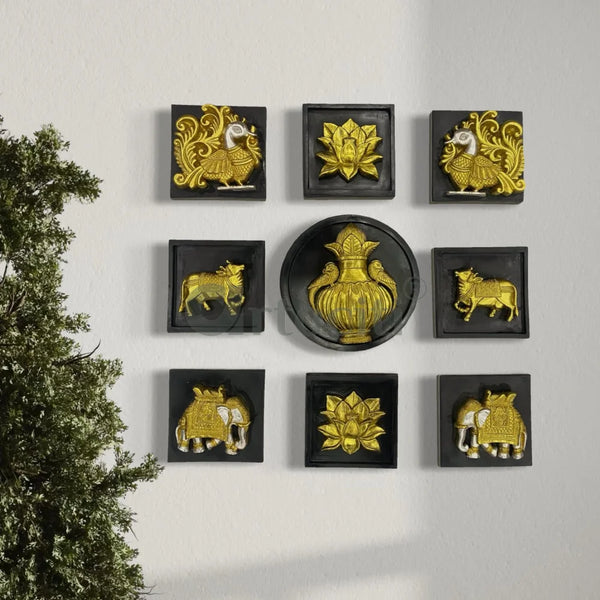Set of 9 Decorative Wall Motifs Traditional Indian Art Decor Set Of 9 / Gold With Silver