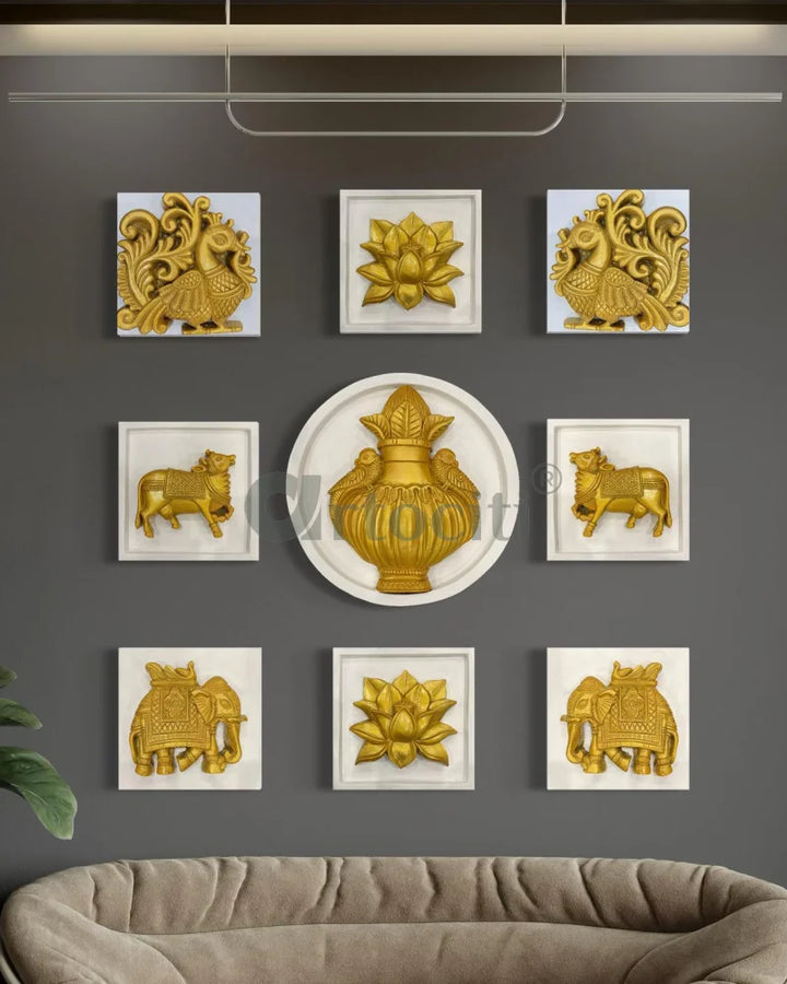 Set of 9 Decorative Wall Motifs Traditional Indian Art Decor Set Of 9 / White with Gold