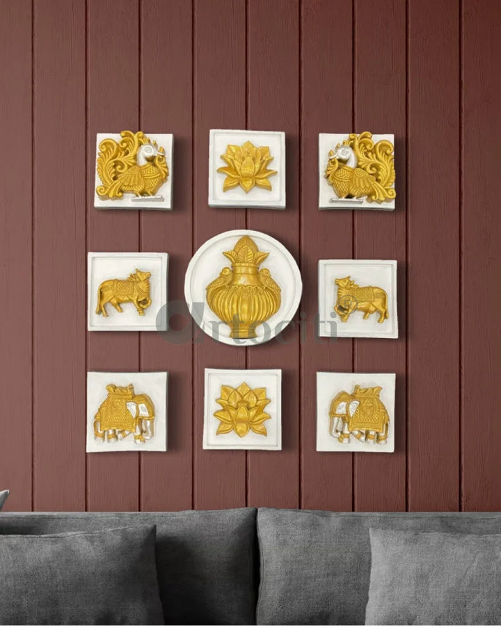 Set of 9 Decorative Wall Motifs Traditional Indian Art Decor Set Of 9 / White with GoldSilver