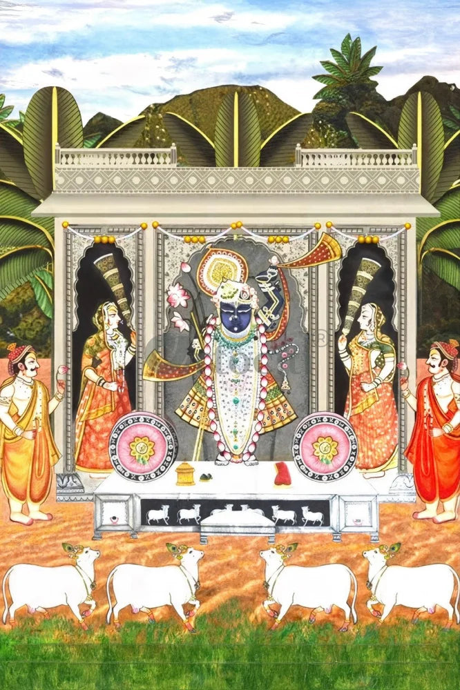 Sharad Purnima Lord Shreenath Ji Pichwai Traditional Art Canvas Giclee Print 24X16 Inches