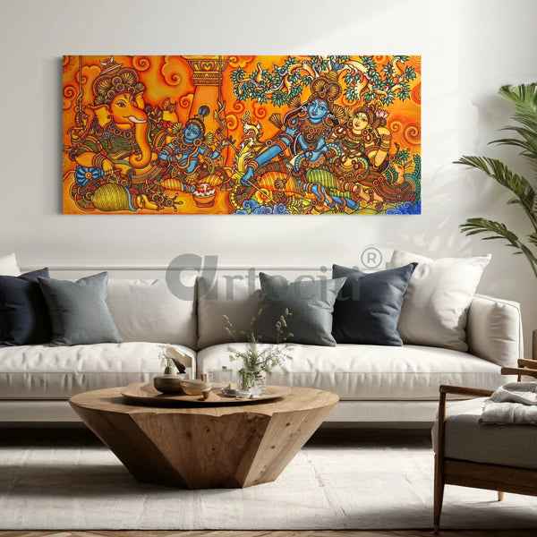 Shiv Parivar Kerala Mural Art Canvas Giclee Print 45X20 Inches