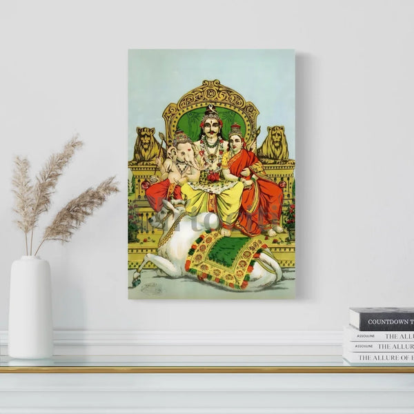 Shiv Parvati & Ganesha Famous Canvas Painting by Raja Ravi Varma 18X12 Inch
