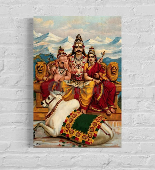 Shiva Parvati and Ganesha on Mount Kailas by Raja Ravi Varma Famous Canvas Painting 24X16 Inches Raja Ravi Verma