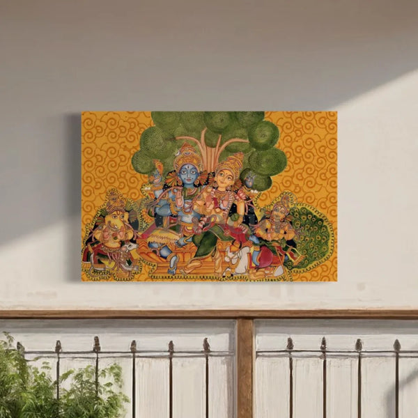 Shiva Parvati Parivar Kerala Mural Art Canvas Giclee Print 20X30 INCH