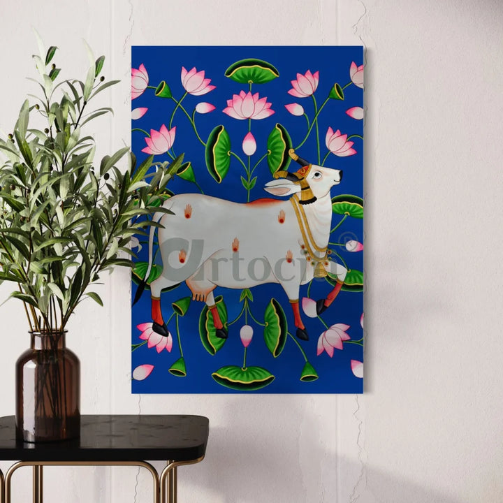 Shreenath Ji Pichwai Cow (Krishna Cow) Traditional Art 24X16 Inches / Blue