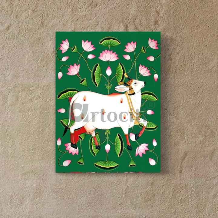 Shreenath Ji Pichwai Cow (Krishna Cow) Traditional Art 24X16 Inches / Green