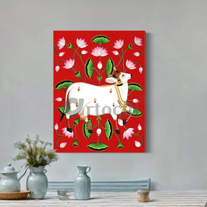 Shreenath Ji Pichwai Cow (Krishna Cow) Traditional Art 24X16 Inches / Red