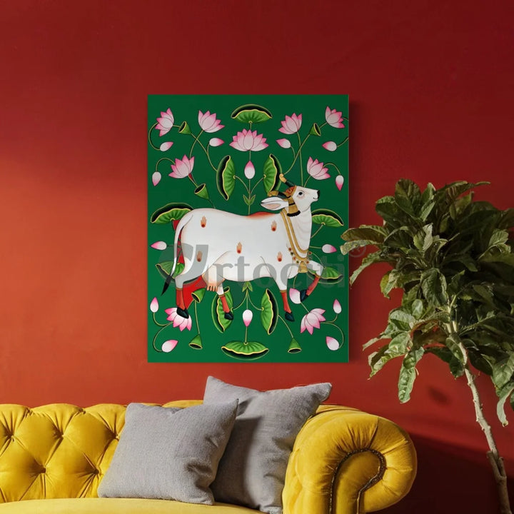 Shreenath Ji Pichwai Cow (Krishna Cow) Traditional Art 30X20 Inches / Green