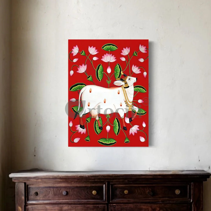 Shreenath Ji Pichwai Cow (Krishna Cow) Traditional Art 30X20 Inches / Red