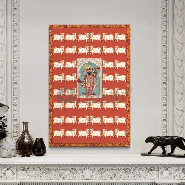 Shreenath Ji Pichwai with Cow Canvas Giclee Print 24X16 Inches