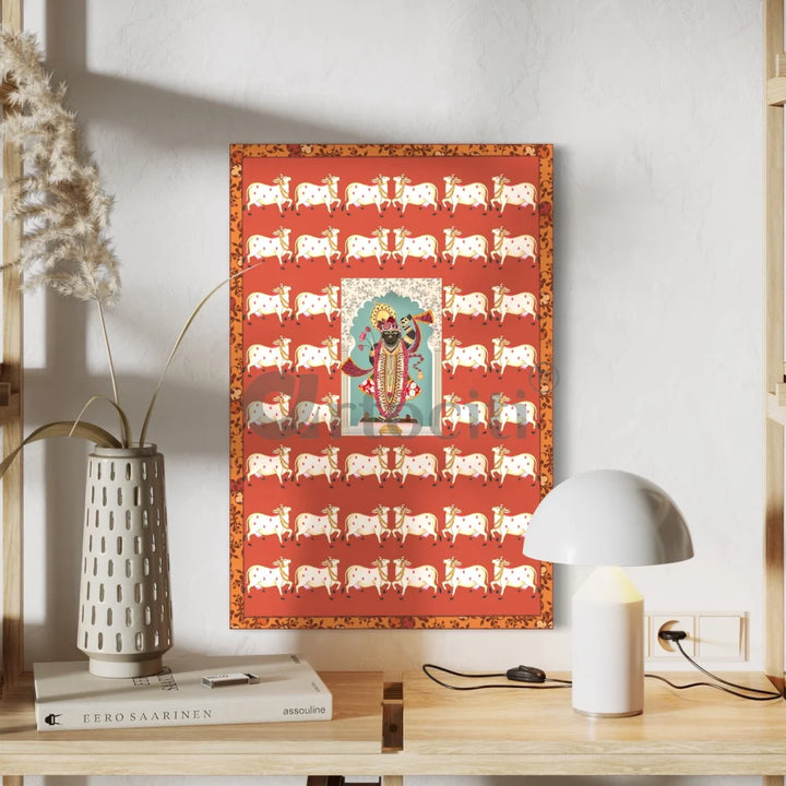 Shreenath Ji Pichwai with Cow Canvas Giclee Print 30X20 Inches