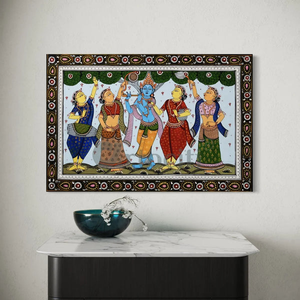 Shri Krishna with Gopiya Playing Flute Orissa Pattachitra Canvas Giclee Print 24X16 Inches