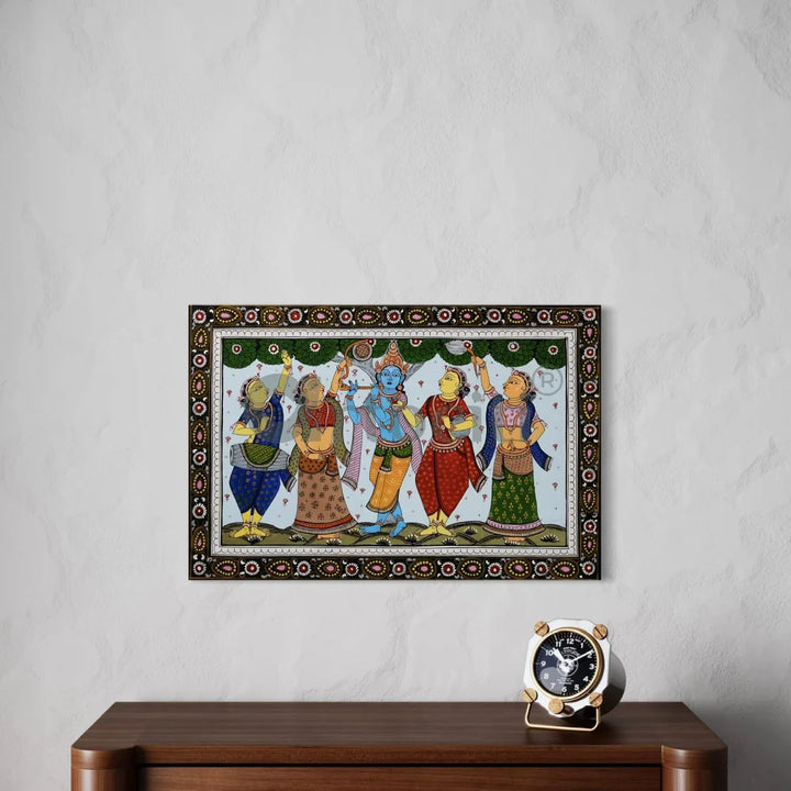 Shri Krishna with Gopiya Playing Flute Orissa Pattachitra Canvas Giclee Print