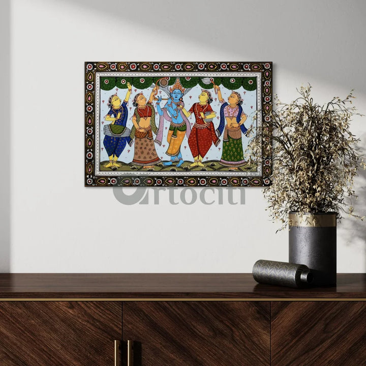 Shri Krishna with Gopiya Playing Flute Orissa Pattachitra Canvas Giclee Print 30X20 Inches