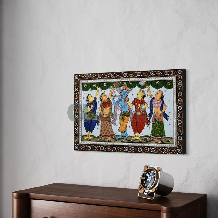 Shri Krishna with Gopiya Playing Flute Orissa Pattachitra Canvas Giclee Print