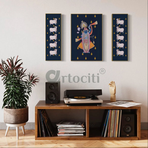 Shrinath Ji with Cows Pichwai Painting Set of 3 Pichwai Painting