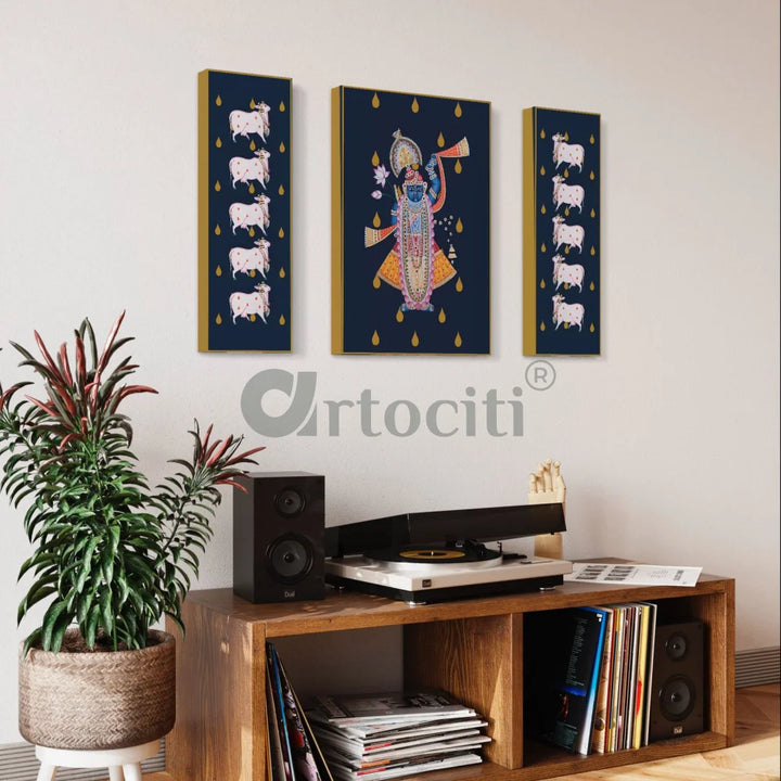Shrinath Ji with Cows Pichwai Painting Set of 3 Pichwai Painting