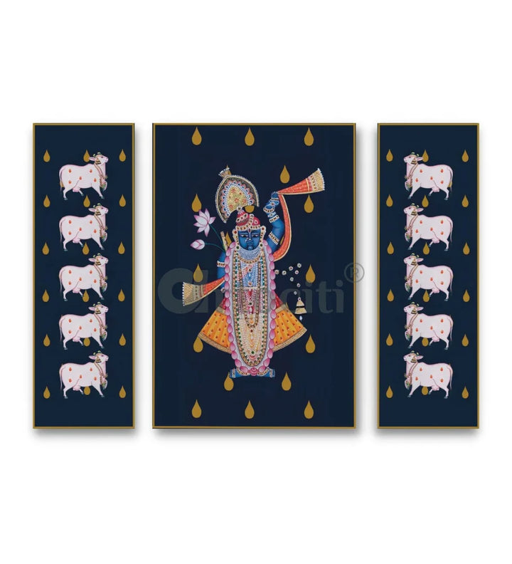 Shrinath Ji with Cows Pichwai Painting Set of 3 Pichwai Painting