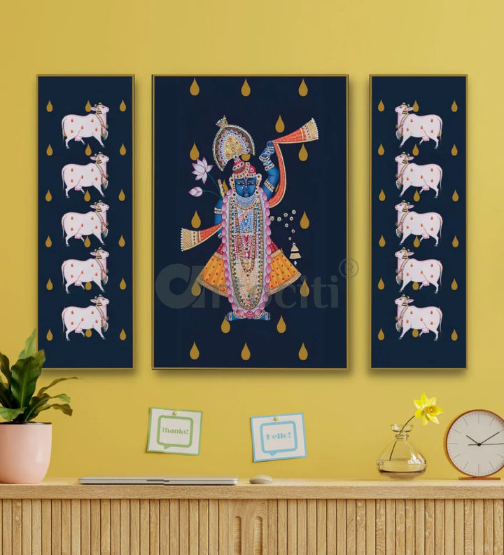 Shrinath Ji with Cows Pichwai Painting Set of 3 Pichwai Painting