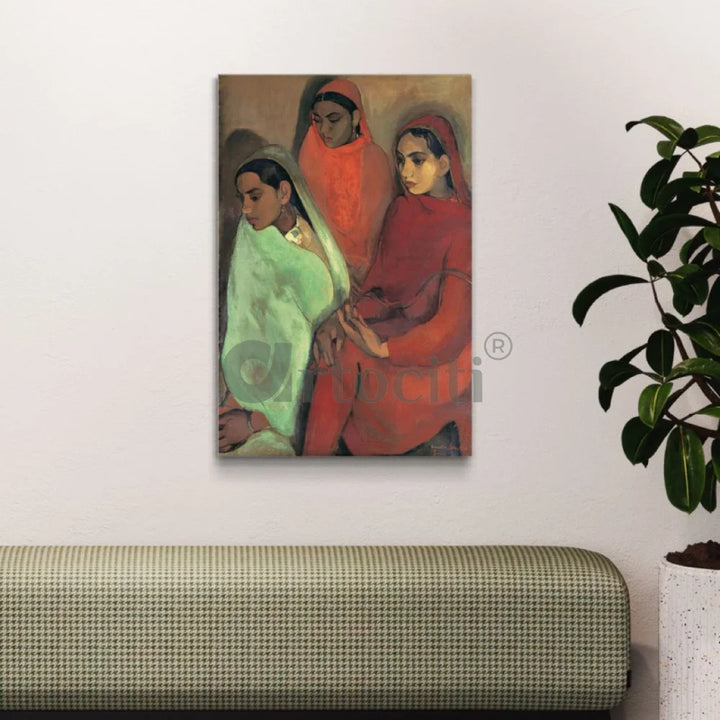 Three Girls Paintings by Amrita Shergil Canvas Giclee Print 30X20 Inch