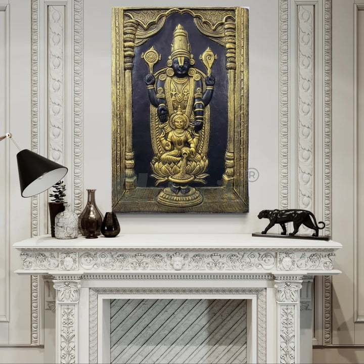 Tirupati Balaji with Goddess Lakshmi 3D Wall Art Relief Mural Golden