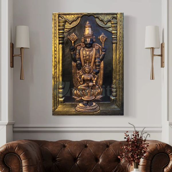 Tirupati Balaji with Goddess Lakshmi 3D Wall Art Relief Mural Golden Bronze