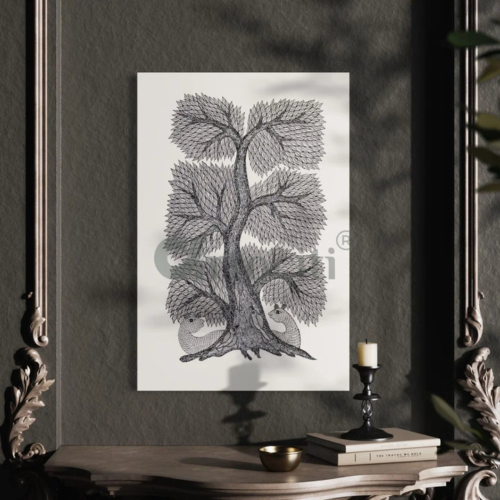 Tree of Life Gond Art Monochrome Canvas Giclee Print 24X16 Inches