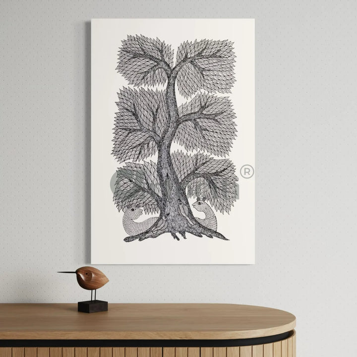 Tree of Life Gond Art Monochrome Canvas Giclee Print 30X20 Inches