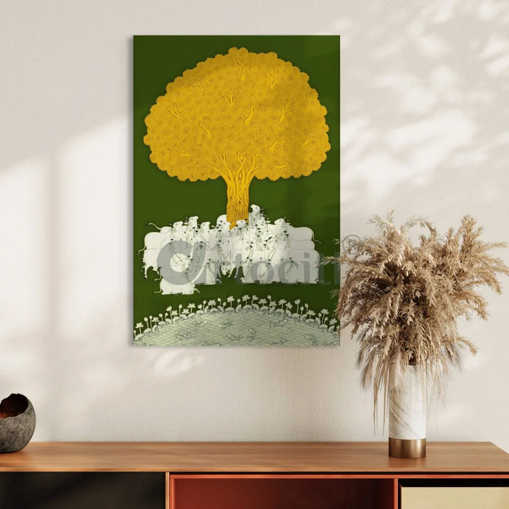 Tree of Life Green Yellow Pichwai Canvas Print 24X16 Inches