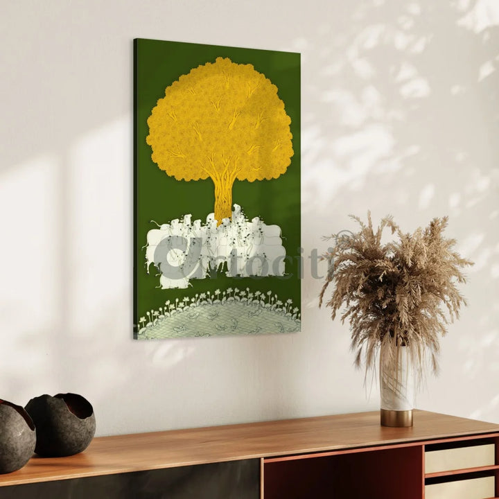 Tree of Life Green Yellow Pichwai Canvas Print 30X20 Inches