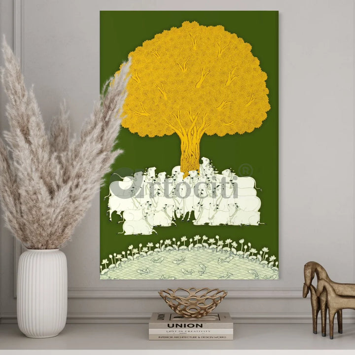 Tree of Life Green Yellow Pichwai Canvas Print