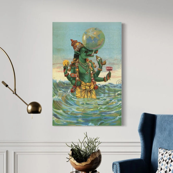 Varaha Avatar The Boar by Raja Ravi Varma Famous Canvas Painting 18X12 Inch