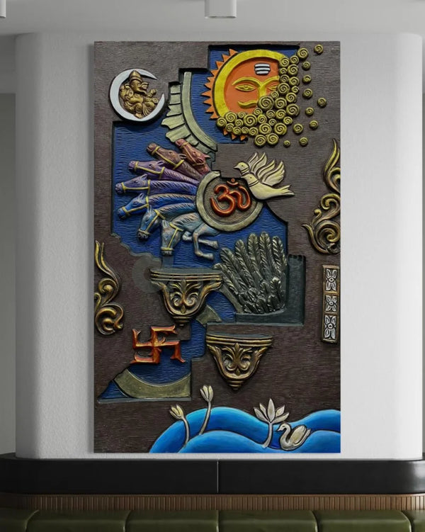 Vastu Inspired 3d Relief Mural | Vastu Wall Art | Abstract Relief Mural 5X3 Feet / Multicolor