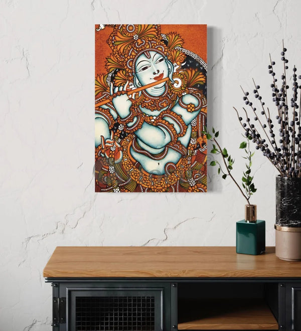 Vibrant Kerala Mural Lord Krishna Flute Canvas 16’’ X 24’’