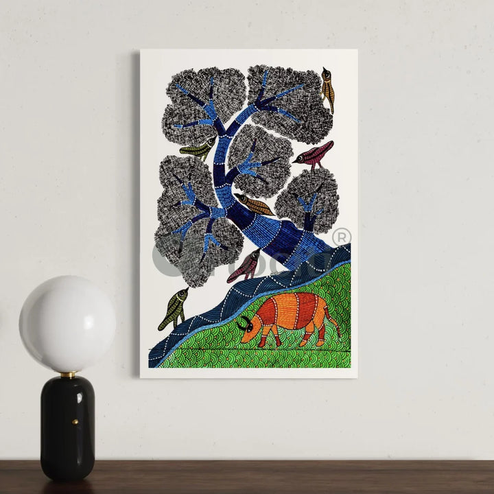 Whimsical Harmony Bird and Tree Gond Art Canvas Print 24X16 Inches