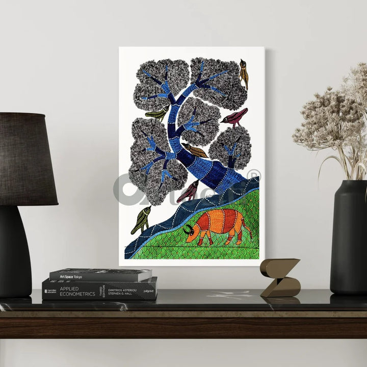 Whimsical Harmony Bird and Tree Gond Art Canvas Print 30X20 Inches