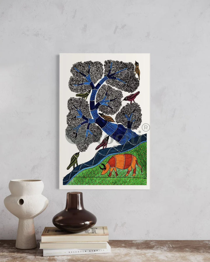 Whimsical Harmony Bird and Tree Gond Art Canvas Print