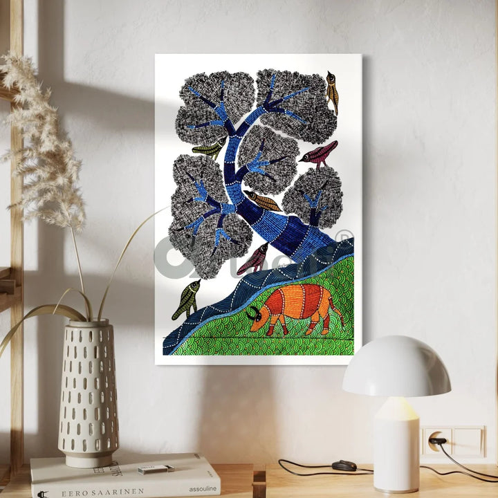 Whimsical Harmony Bird and Tree Gond Art Canvas Print